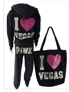 RARE HTF Vtg. Victoria Secret Pink "I Love Vegas" 4 Piece BLING Sequin Set XS/S